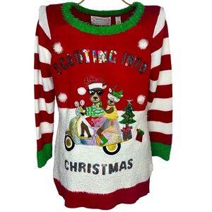 Merry & Bright Scooting Into Christmas Ugly Christmas Sweater Size Medium